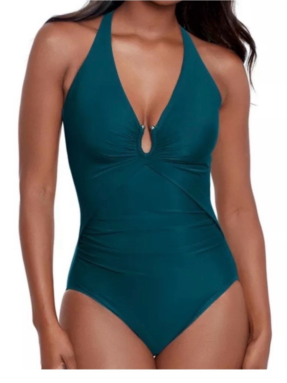 Miraclesuit Teal Halter One-Piece with Front Keyhole Accent